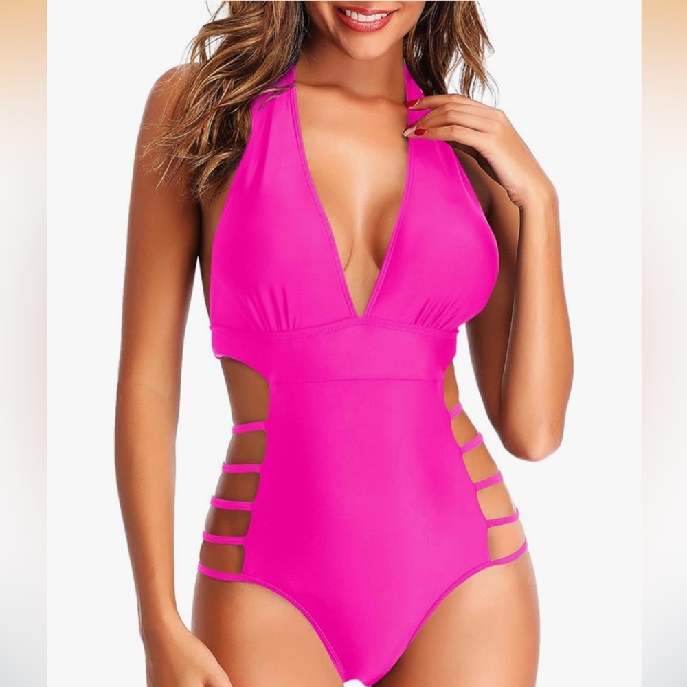Tempt Me Women One Piece Swimsuits Sexy Cutout Plunge Halter Deep V Neck nwt